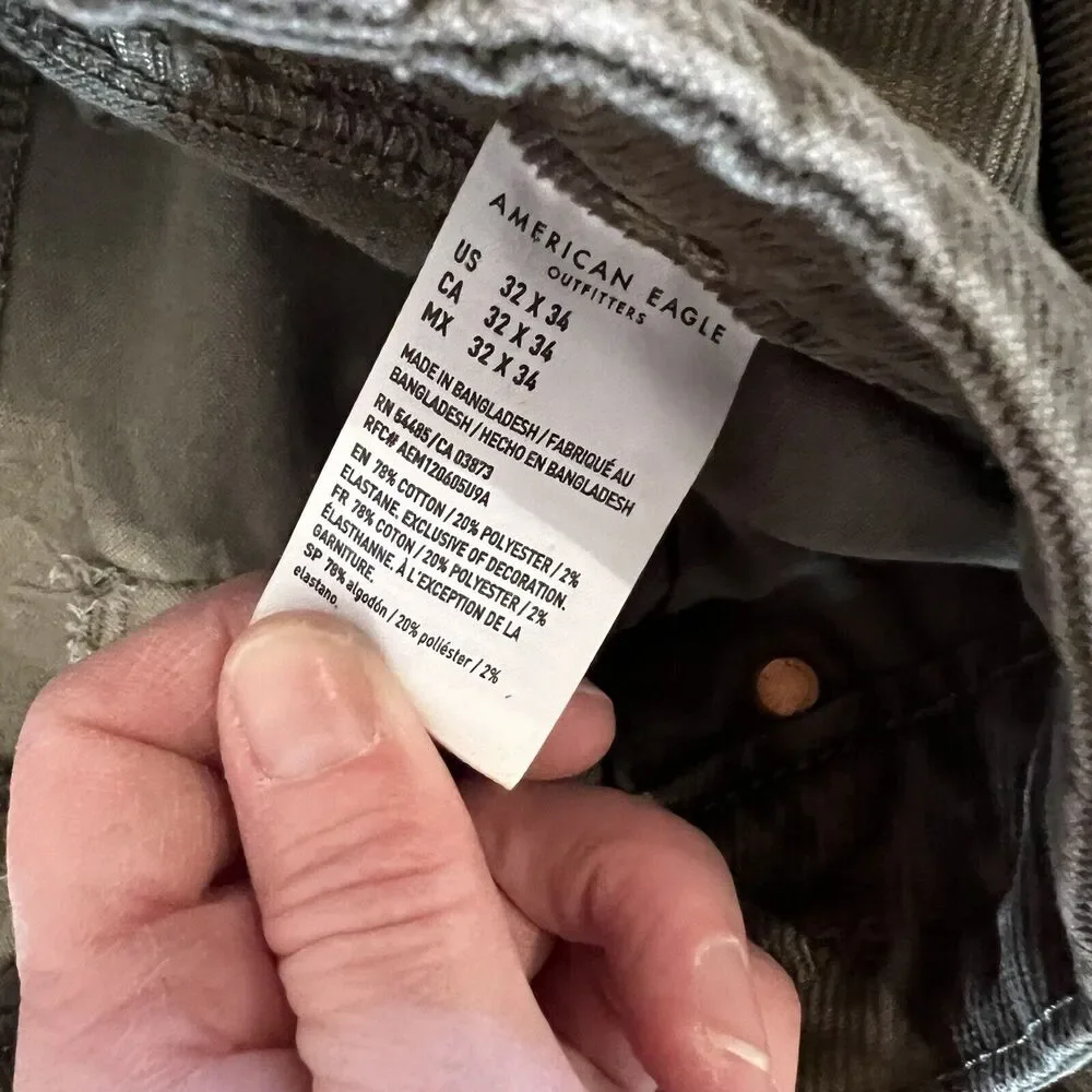 Mens American Eagle Flex Slim Lived-in Corduroy‎ Pants - Grey - 32 X 34